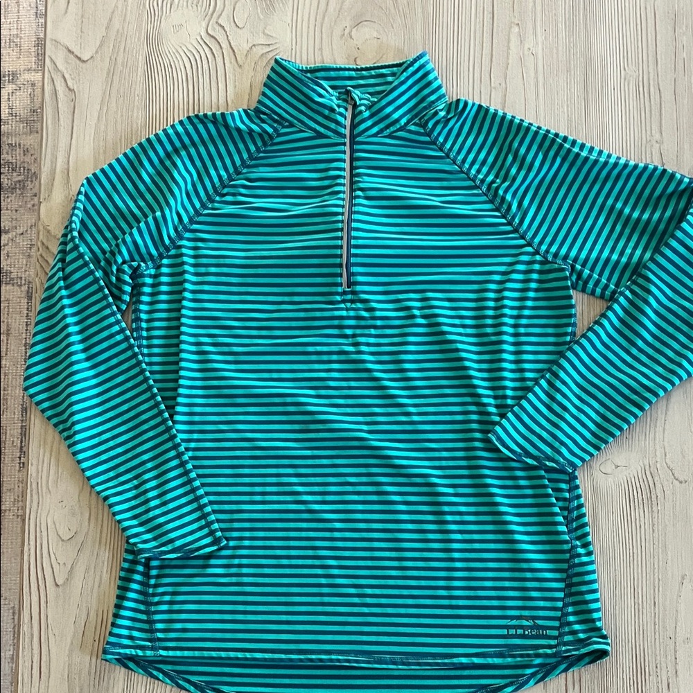 LLBean Striped Teal striped Quarter-Zip Pullover active performance size medium